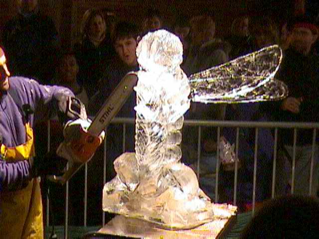 A fly sculptured from ice by chainsaw