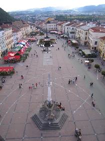 A view from the tower to the Bystrica's main square. Kremnica's Hills in the background. (August 2006) A view from the tower to the Bystrica's main square. Kremnica's Hills in the background. (August 2006)