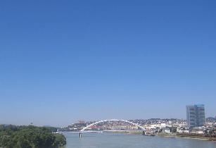 The Bratislava's newest Apollo bridge as seen from another bridge. The Castle of Bratislava at a distance. (August 2006) The Bratislava's newest Apollo bridge as seen from another bridge. The Castle of Bratislava at a distance. (August 2006)
