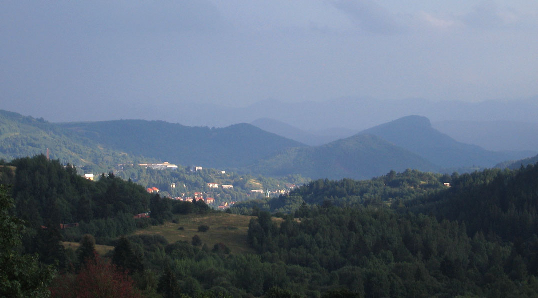 View to Kremnica in between the Kremnica Hills from Centre of Europe