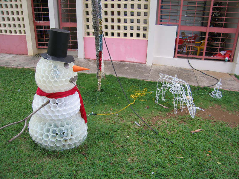 Snowman made out of plastic cups