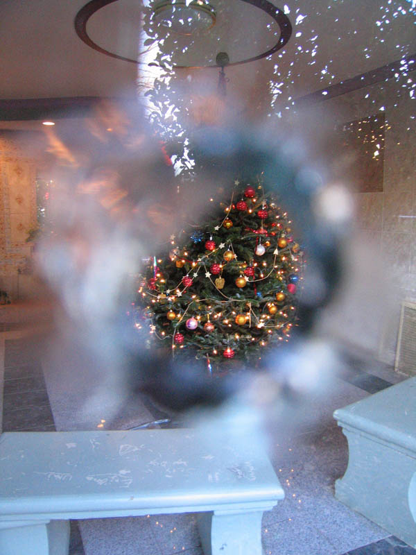 A christmas tree as seen in the condo entrance through a shot-hole in the glass