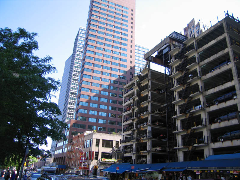 Garage at the Fulton Street - with elevator to save space. (See also this)