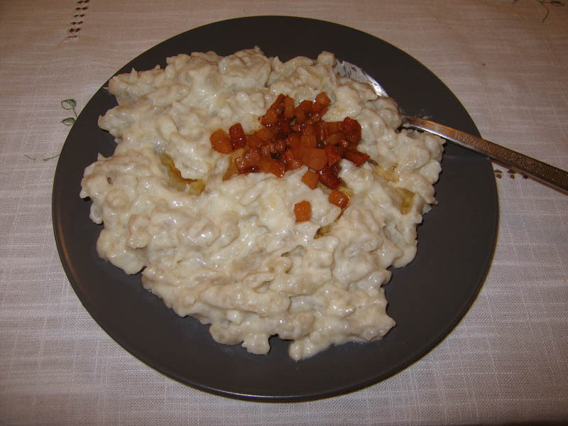 Halushky with bryndza cheese and fried bacon - we don't see this often here (June 2007)