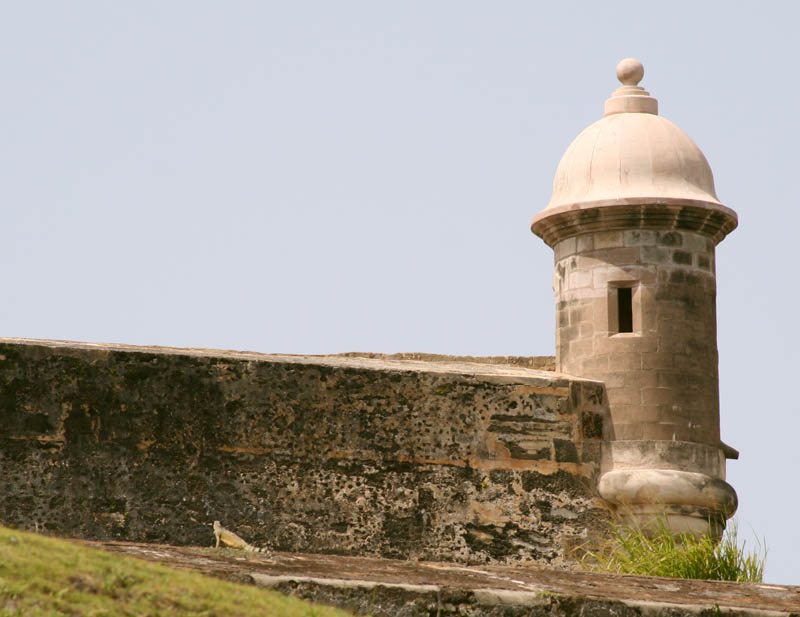 San Juan's iconic garita (sentry box) and an iguana