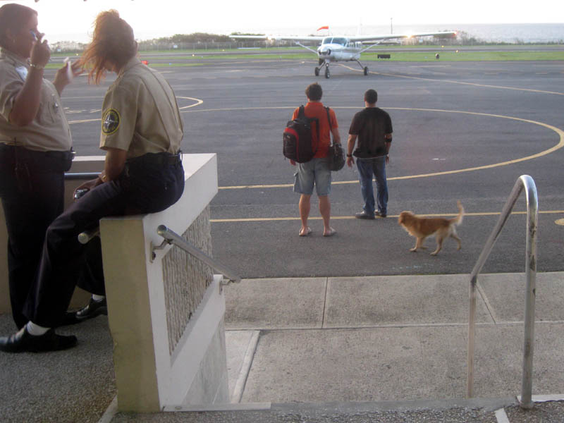 al odlet z Viequesu - zaujmav atmosfra - sekuriky maj veget, pes beh okolo pasaiera (teda ma), lietadielko roluje, ... A len aby sa nezabudlo, toto je medzinrodn letisko.