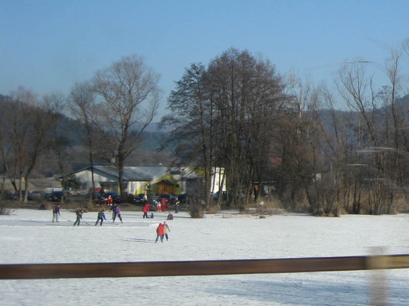 Skating on the frozen arm of Hron river