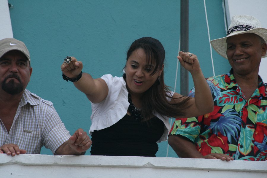 The mayor dancing on the townhall balcony