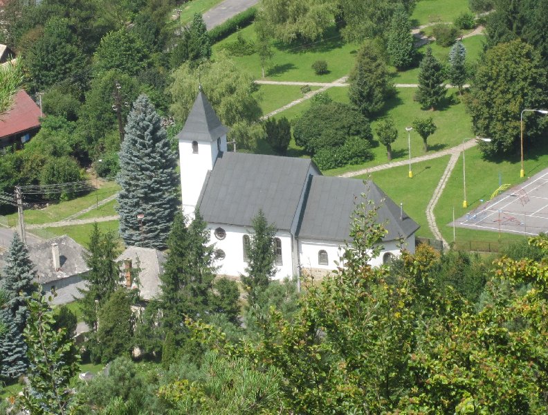 The church in the village below