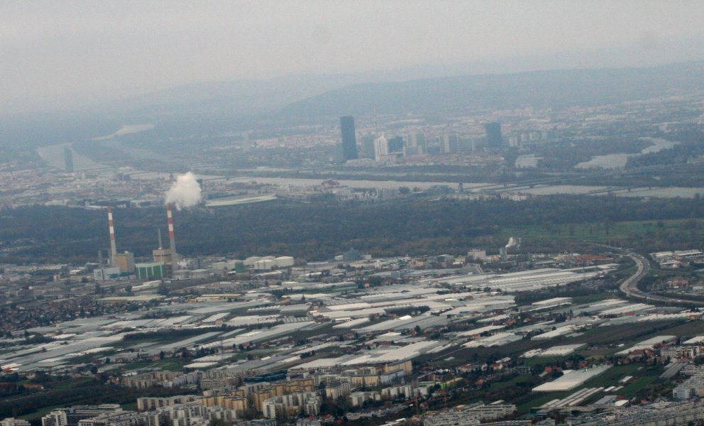 Hundreds of acres of greenhouses in Simmering and UNO City behind Danube