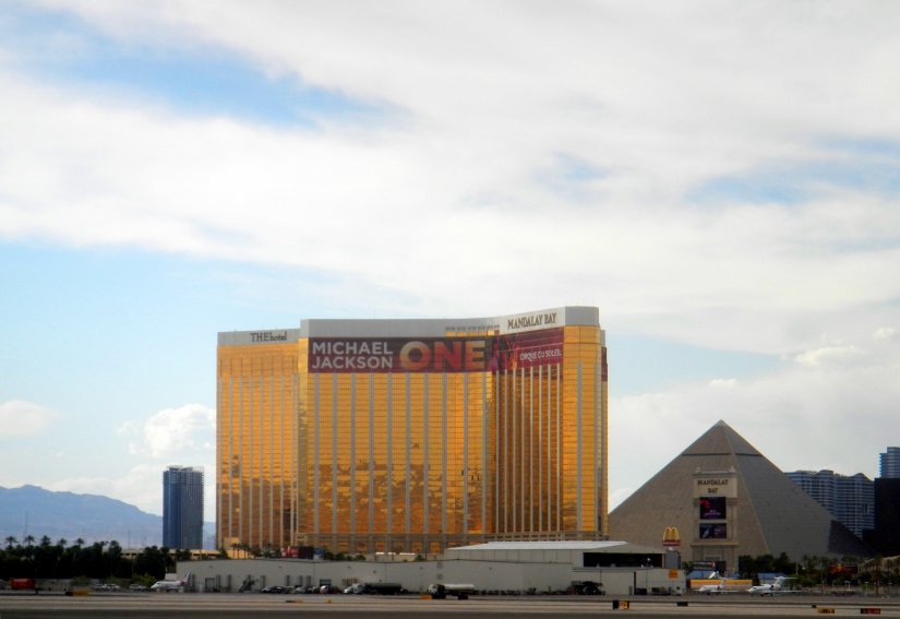 Mandalay Bay and Luxor as seen from my airplane taxiing to the runway just before take-off