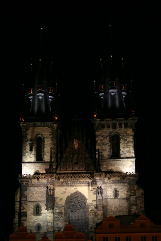 Spires of Týn Church are beautifully lit at night