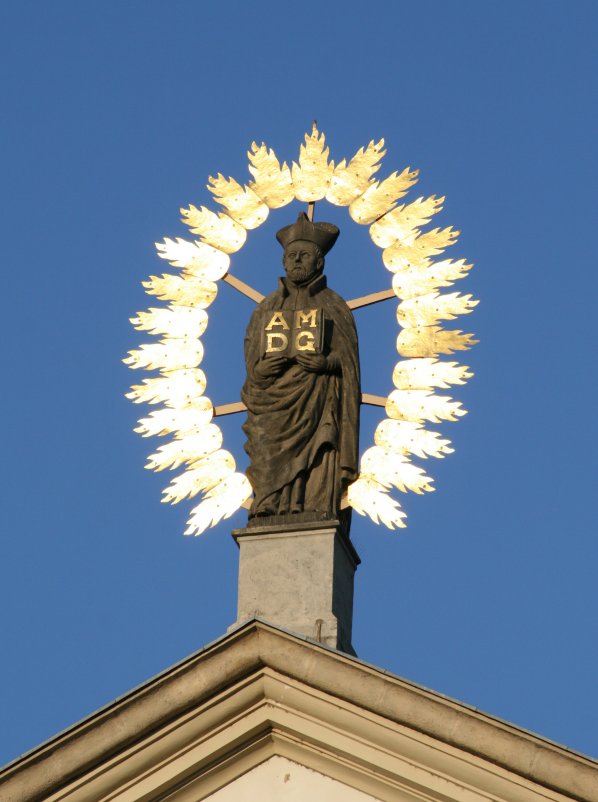 Statue of St. Ignatius of Loyola on top of a church dedicated to him