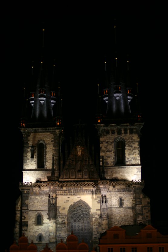 Spires of Tn Church are beautifully lit at night