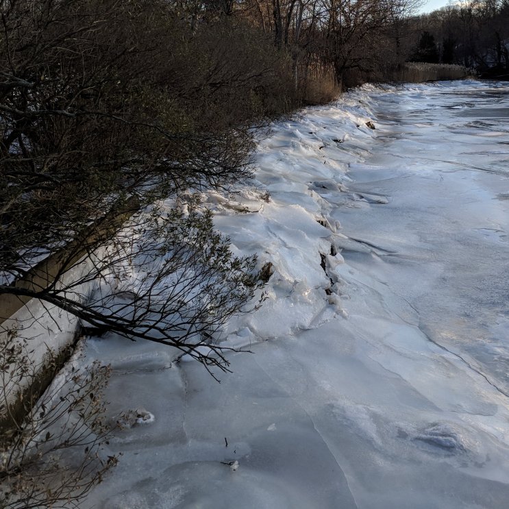 Tide created ice cover on the shore rocks