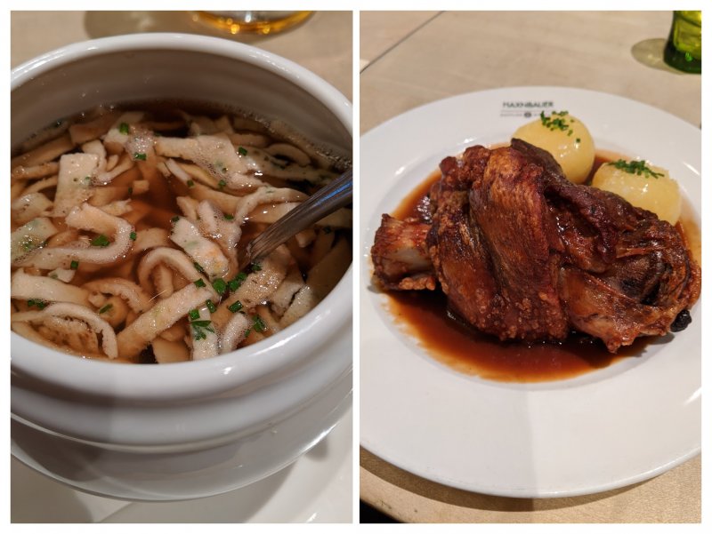Beef broth with noodles and roasted pork knuckle with potatoes - finally some real food. Of course, a beer is a must in Bavaria.