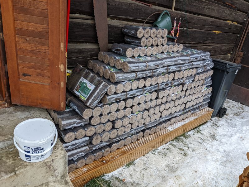 A ton of briquettes laid nicely in order, and it's literally a ton