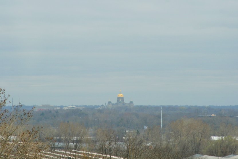 Golden dome on top of the Iowa Capitol in Des Moines can be seen from a great distance (some 5 miles in this case) even in such a weather as today. We do not stop though, just passing by on I-35 highway.