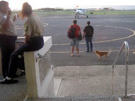 Another departure from Vieques - interesting atmosphere - the security guards, dog walking by, airplane rolling in, ... And just for the record - this is an international airplort (August 2008)