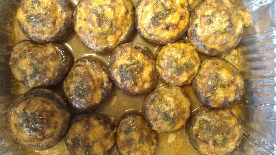 Roasted mushrooms stuffed with spiced ground beef and cheese (November 2011)