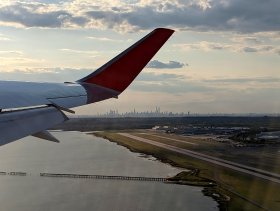 Manhattan skyline appeared in the distance as we are lifting from the runway (May 2021)