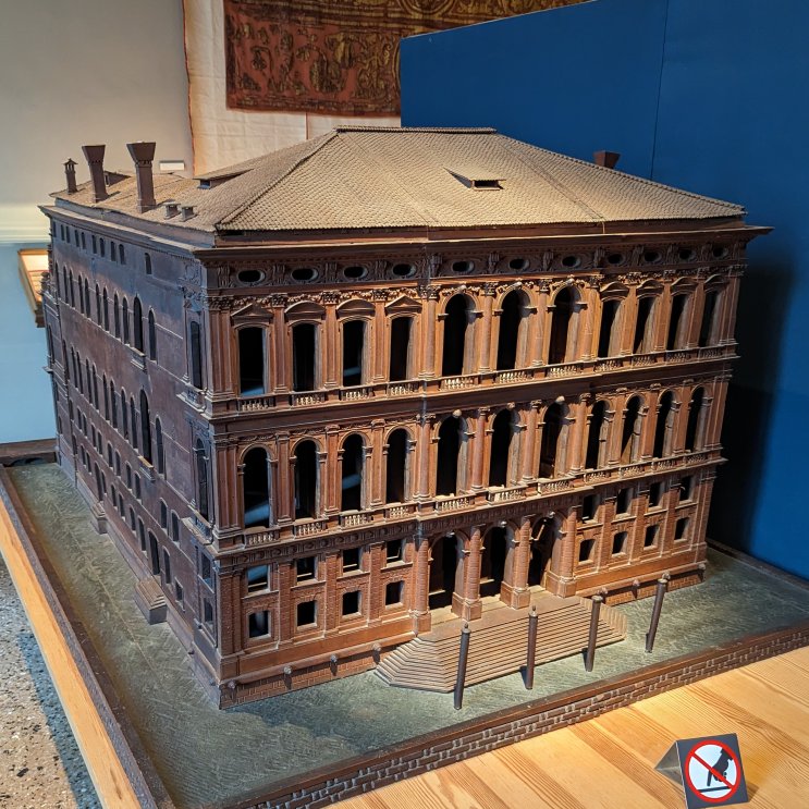 This is an interesting exhibit - an exceptionally large and detailed wooden model built in the mid 1700s shows the Palazzo Venier dei leoni to be built at the bank of Canal Grande. The project for the palace itself was completed in 1754, they started building it, but when they reached the first mezzanine, the work stopped. Today, the Peggy Guggenheim Museum of Art is there, and one can compare it with this model. (March 2023)