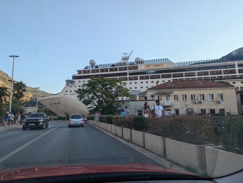 One can't stop thinking - is the ship anchoring here or did it run accidentally on the shore. Anyway it is for sure the biggest "building" in this town of Kotor (August 2024)